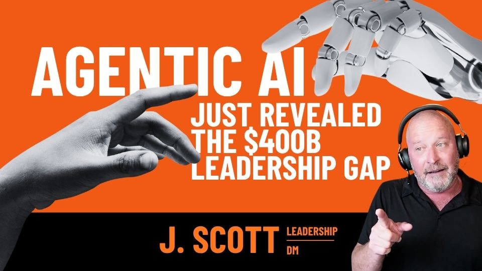 Video thumbnail about AI leadership gap: a robotic hand reaches toward a human hand on an orange background with bold white text and a headset-wearing man in the corner.