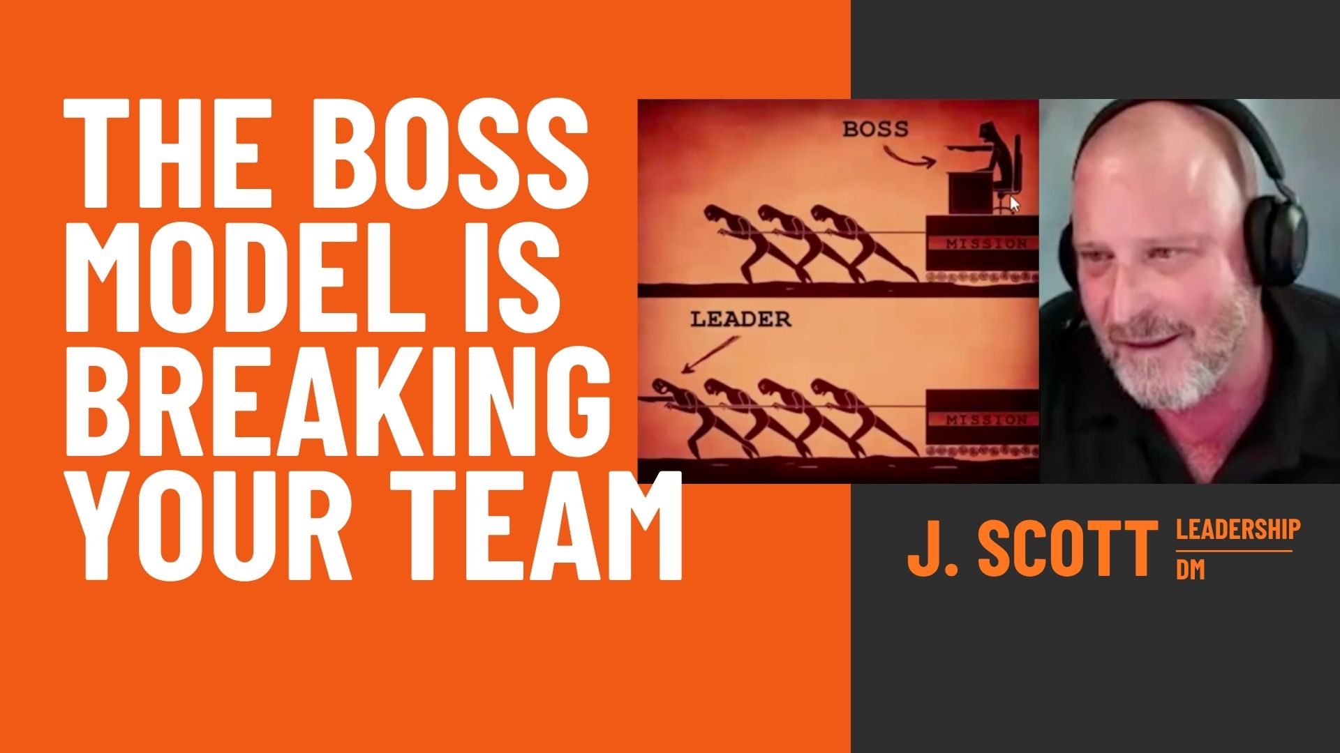 Bold orange banner with white text: 'THE BOSS MODEL IS BREAKING YOUR TEAM'; right side shows a video thumbnail of a man wearing headphones.