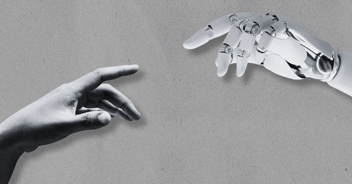 Human hand and robotic hand reaching toward each other against a gray textured background, symbolizing the connection between people and artificial intelligence.