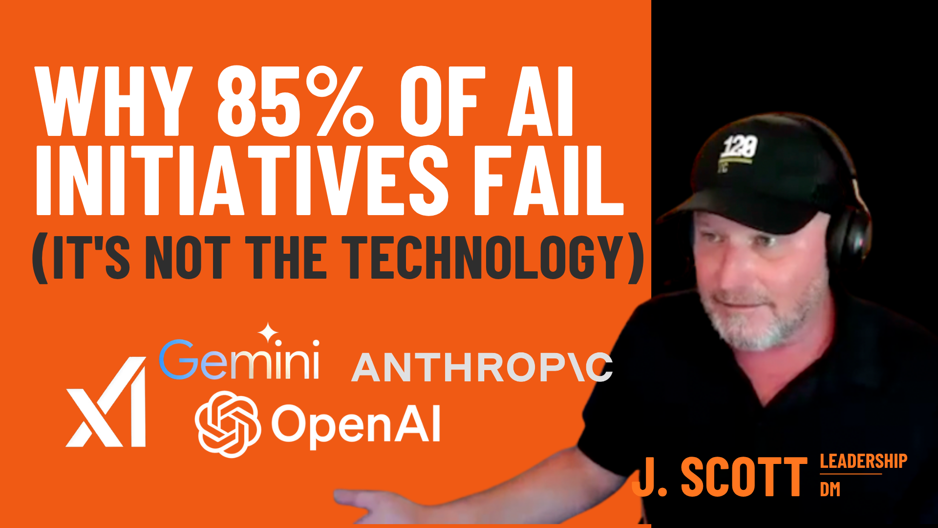 Orange thumbnail with bold white title about why AI initiatives fail, Gemini and OpenAI logos on the left, and a man in a black cap on the right.